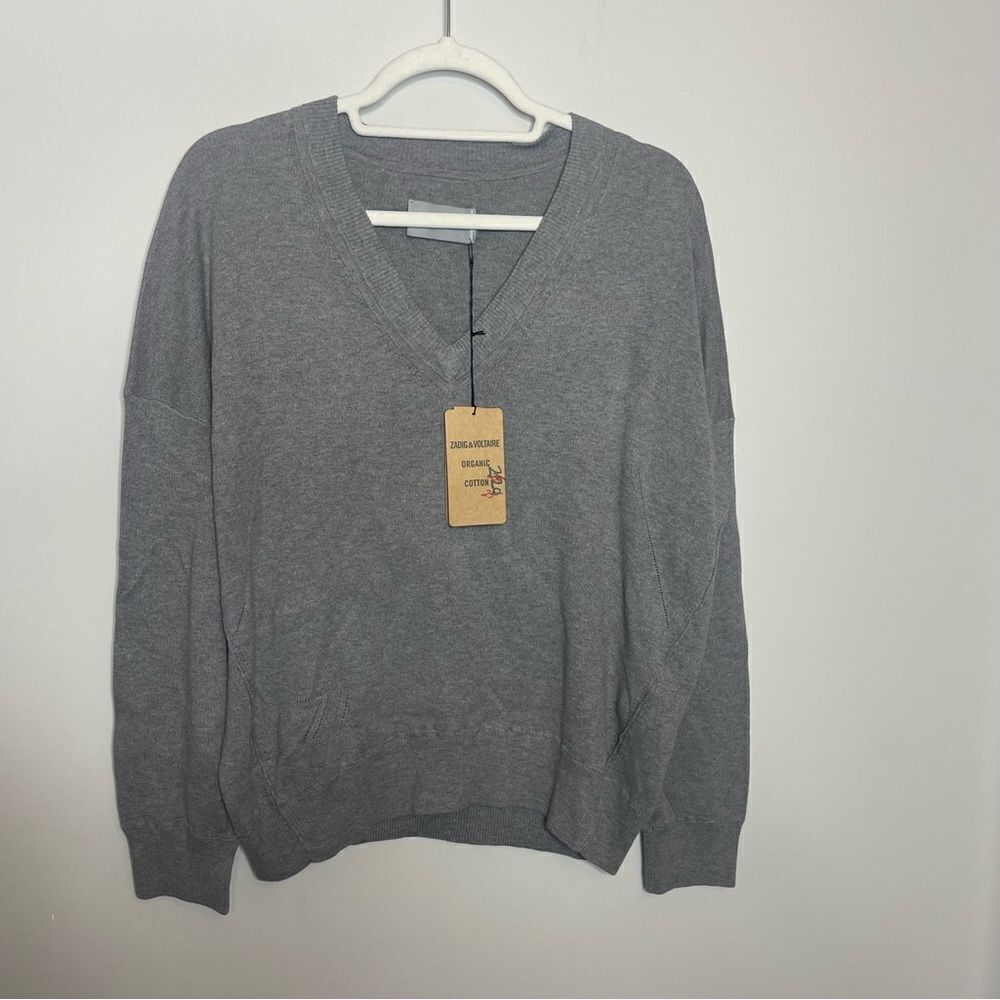 ZADIG & VOLTAIRE Brumy V-Neck Sweater Slub Cotton Gray Size Small - Picture 6 of 12